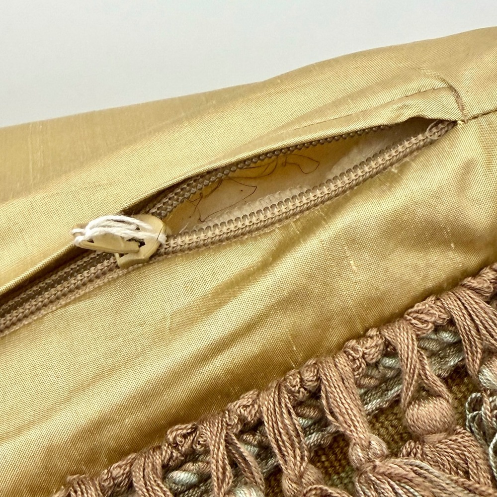 Vintage Handwoven Aubusson Pillow Cover 24x24 Wool Pheasant Floral Gold Fringe - Picture 8 of 16